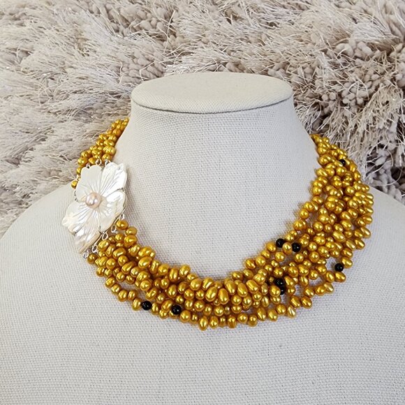 Multi Strand Freshwater Gold Pearl Necklace Choker 925 Sterling Silver Clasp - Picture 2 of 11